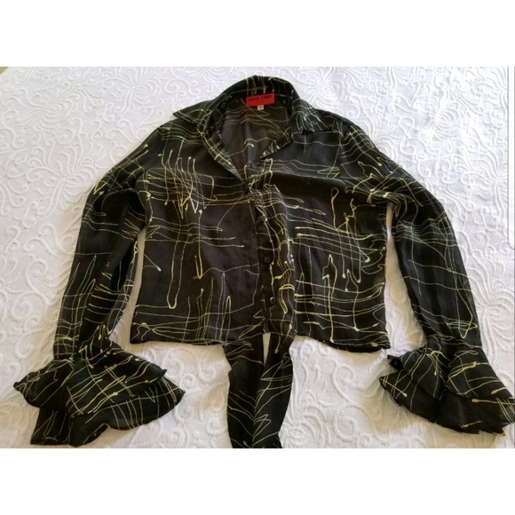 KRAZY LARRY Semi sheer blouse with paint drips,  ruffle cuffs Small - Picture 8 of 8